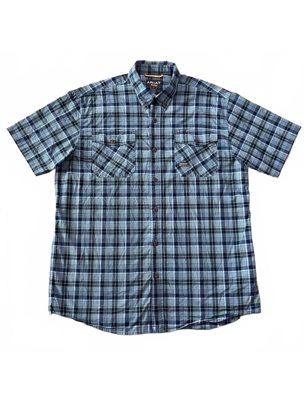 Ariat Rebar Mens Short Sleeve Button Down Shirt Blue Plaid Size Large